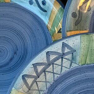 4 Dinner Plates Living Art Monterey Hand Painted Blue Green Yellow Striped